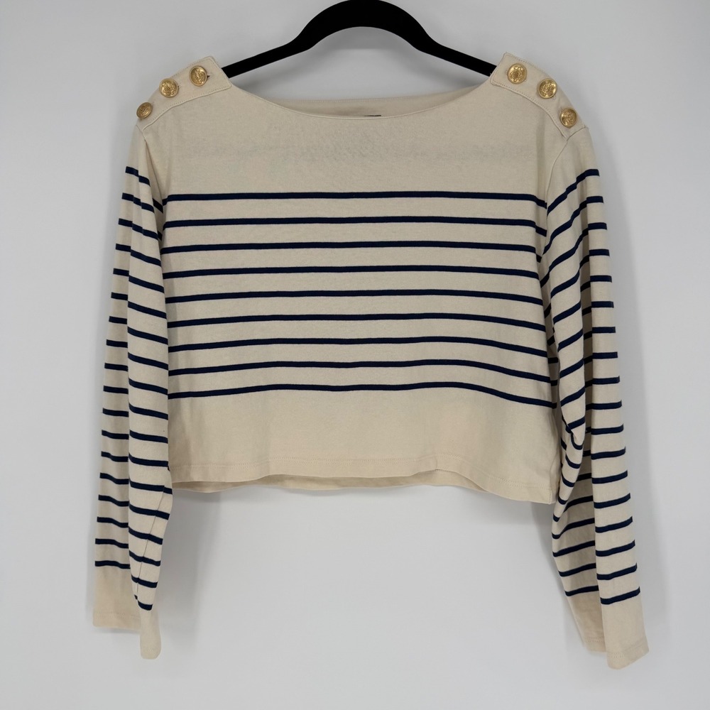 J. CREW CROPPED BOATNECK SWEATER MARINER COTTON SMALL NAUTICAL COASTAL STRIPES